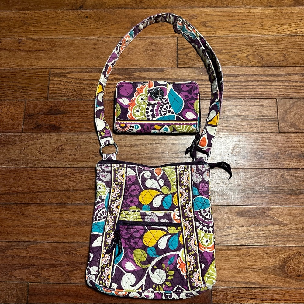 Vera Bradley Purple and Multicolor Crossbody Bag and Wallet Set